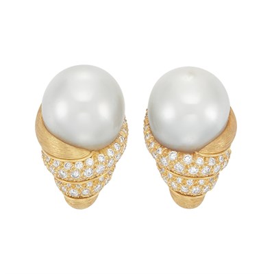 Lot 369 - Pair of Gold, South Sea Cultured Pearl and Diamond Earclips, Henry Dunay