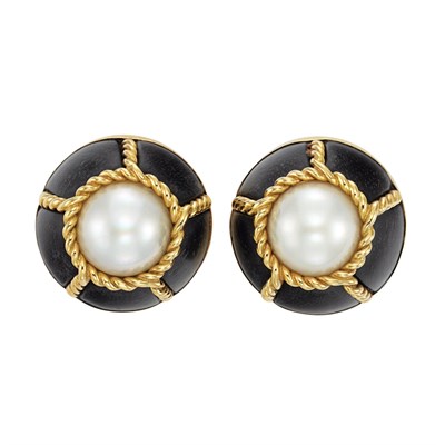 Lot 16 - Pair of Gold, Mabe Pearl and Wood Earclips, Seaman Schepps