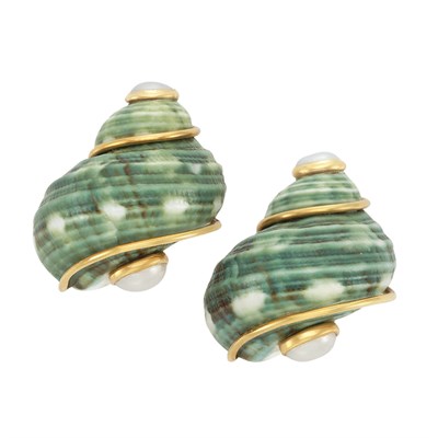 Lot 29 - Pair of Gold, Shell and Split Pearl Earclips, Seaman Schepps