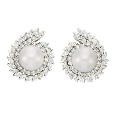 Lot 112 - Pair of Platinum, South Sea Cultured Pearl and Diamond Earclips