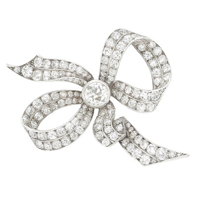 Lot 410 - Antique Rhodium-Plated Silver, Gold and Diamond Bow Brooch