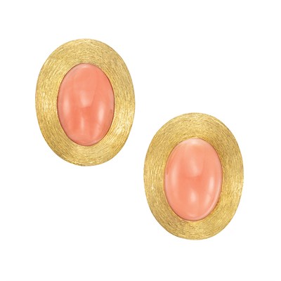 Lot 367 - Pair of Gold and Coral Earclips, Henry Dunay