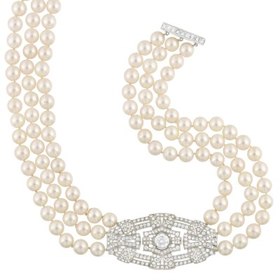 Lot 199 - Triple Strand Cultured Pearl, Platinum and Diamond Necklace