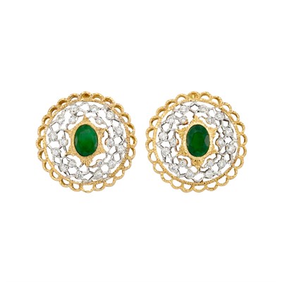 Lot 346 - Pair of Two-Color Gold, Emerald and Diamond Earclips, Mario Buccellati