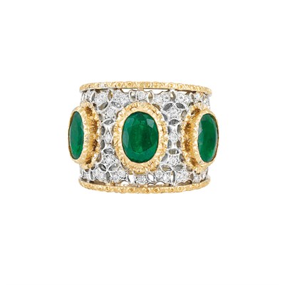 Lot 68 - Wide Two-Color Gold, Emerald and Diamond Band Ring, Mario Buccellati