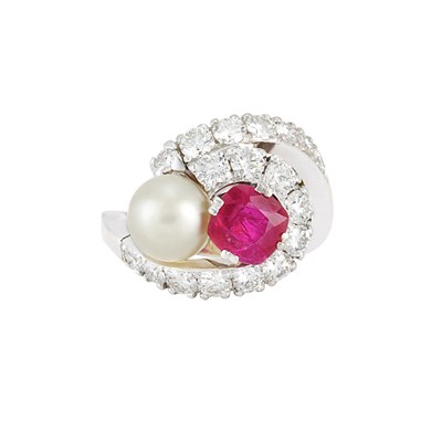 Lot 403 - White Gold, Natural Pearl, Ruby and Diamond Ring, Bulgari