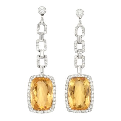 Lot 255 - Pair of Platinum, Diamond and Topaz Pendant-Earrings