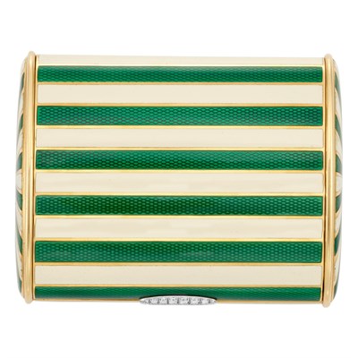 Lot 130 - Gold, Green Guilloche Enamel, Ivory Enamel and Diamond Box, Faraone, Milan