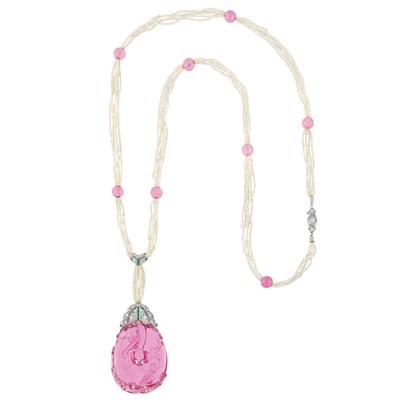 Lot 160 - Edwardian Five Strand Seed Pearl, Pink Tourmaline Bead, Platinum, Carved Pink Tourmaline, Diamond and Emerald Sautoir