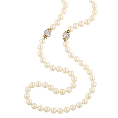 Lot 76 - Long Cultured Pearl, Gold and Diamond Necklace