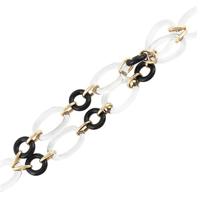 Lot 7 - Double Strand Black Onyx, Rock Crystal and Gold Link Bracelet