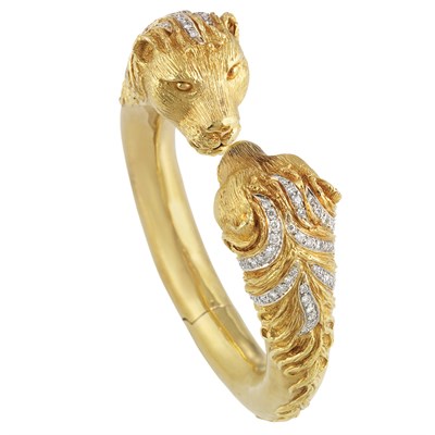 Lot 376 - Gold and Diamond Animal Head Bangle Bracelet