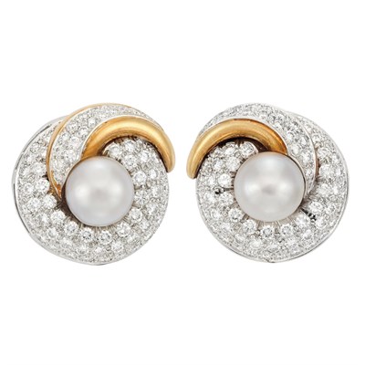 Lot 344 - Pair of Platinum, Gold, Cultured Pearl and Diamond Earclips