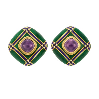 Lot 121 - Pair of Gold, Cabochon Amethyst and Enamel Earrings
