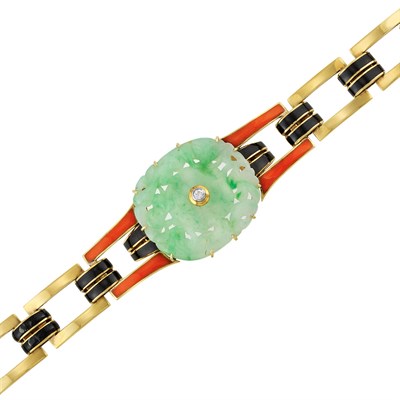 Lot 28 - Gold, Carved Jade, Enamel and Diamond Bracelet, Cartier, France