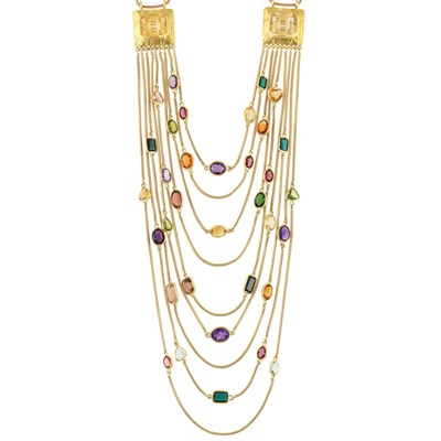 Lot 50 - Nine Strand Gold and Multicolored Stone Swag Snake Chain Necklace, Gucci