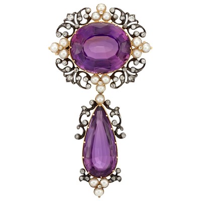 Lot 171 - Antique Silver, Gold, Amethyst, Diamond and Split Pearl Pendant-Brooch