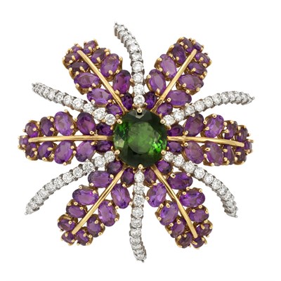 Lot 120 - Two-Color Gold, Tourmaline, Amethyst and Diamond Clip-Brooch