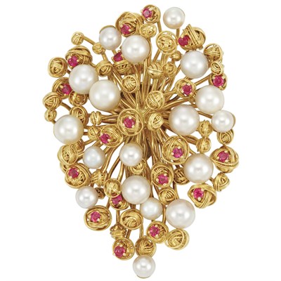 Lot 313 - Gold, Cultured Pearl and Ruby Clip-Brooch, Tiffany & Co.