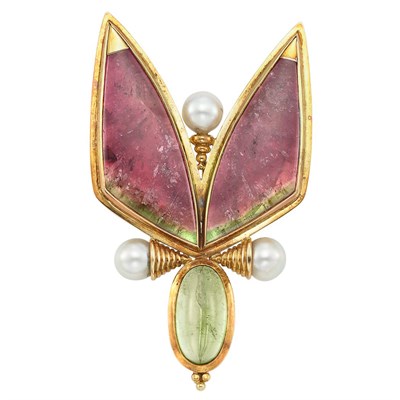 Lot 62 - Gold, Watermelon Tourmaline, Cabochon Tourmaline and Cultured Pearl Brooch, Elizabeth Gage