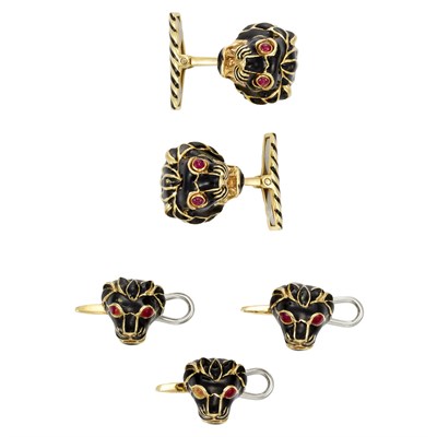 Lot 147 - Gold, Enamel and Cabochon Ruby Lion Head Dress Set, David Webb