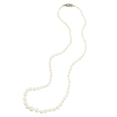 Lot 172 - Natural Pearl Necklace with Platinum, Gold, Pearl, Diamond and Sapphire Clasp