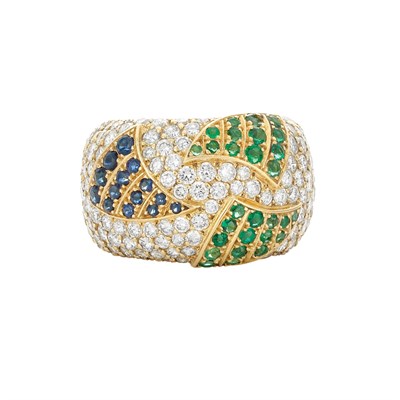 Lot 383 - Wide Gold, Diamond, Emerald and Sapphire Band Ring, Chaumet, Paris