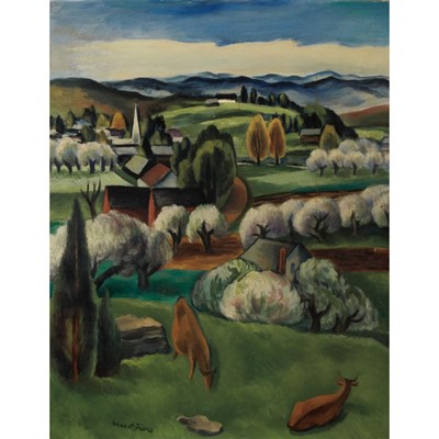Lot 91 - Ernest Fiene American, 1894-1965 Cows on a...