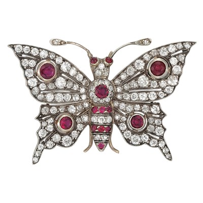 Lot 173 - Antique Silver, Gold, Diamond and Ruby Butterfly Brooch