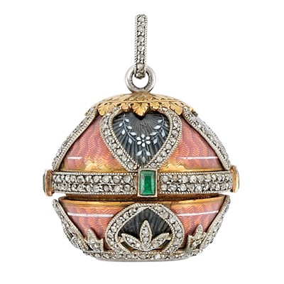 Lot 169 - Belle Epoque Platinum, Gold, Pink and Blue Guilloche Enamel, Diamond and Emerald Pendant-Watch