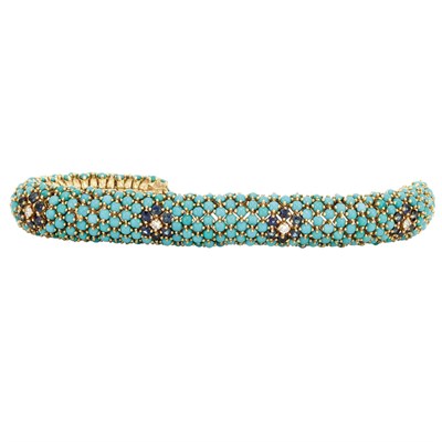 Lot 306 - Gold, Turquoise, Diamond and Sapphire Bracelet