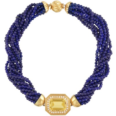 Lot 378 - Multistrand Lapis Bead, Gold, Citrine and Diamond Torsade Necklace