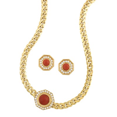 Lot 30 - Gold, Coral and Diamond Curb Link Chain Necklace and Pair of Earrings