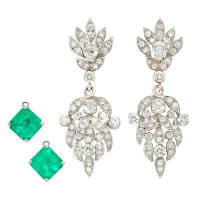 Lot 196 - Pair of White Gold and Diamond Pendant-Earrings with Interchangeable Emerald Pendants