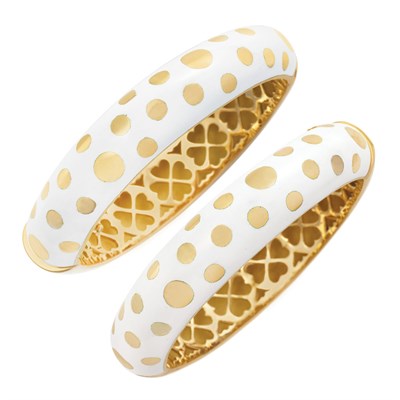 Lot 262 - Pair of Gold and White Enamel Bangle Bracelets