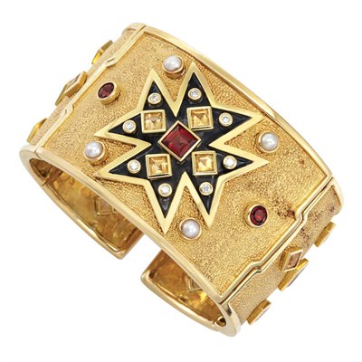 Lot 17 - Gold, Black Enamel, Gem-Set, Diamond and Split Pearl Cuff Bangle Bracelet