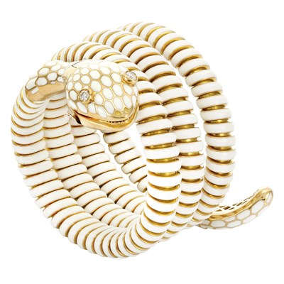 Lot 290 - Gold, White Enamel and Diamond Coiled Snake Bracelet-Watch