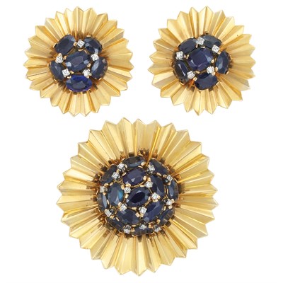 Lot 212 - Gold, Sapphire and Diamond Clip-Brooch and Pair of Earclips