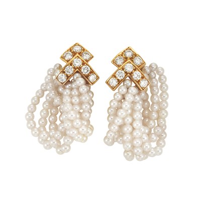 Lot 258 - Pair of Gold, Diamond and Cultured Seed Pearl Hoop Earclips, Van Cleef & Arpels, France