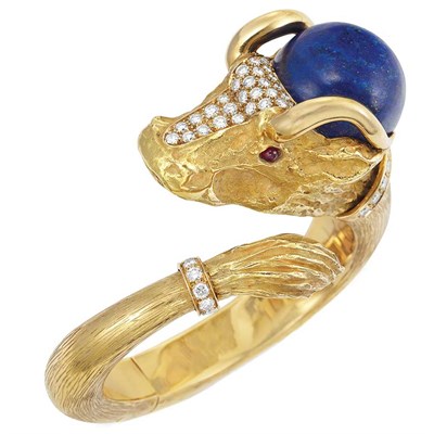 Lot 380 - Gold, Lapis and Diamond Bull's Head Bangle Bracelet, Chaumet, Paris