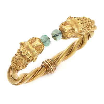 Lot 19 - Gold and Emerald Bead Animal Head Bangle Bracelet, Zolotas