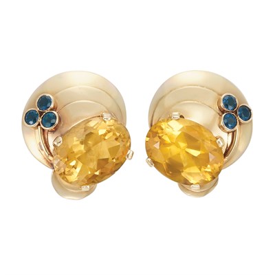 Lot 218 - Pair of Gold, Citrine and Sapphire Earclips