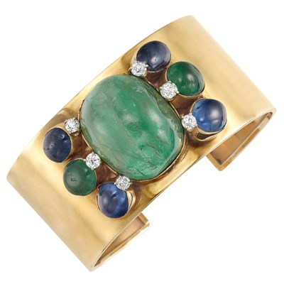 Lot 216 - Gold, Cabochon Emerald and Sapphire and Diamond Cuff Bangle Bracelet, Seaman Schepps