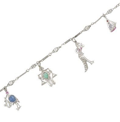 Lot 180 - Art Deco Platinum, Diamond and Gem-Set Charm Bracelet