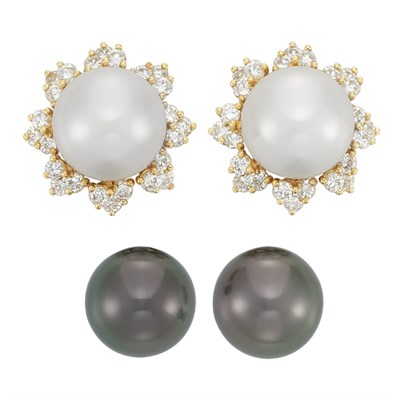 Lot 299 - Pair of Gold, South Sea Cultured Pearl and Diamond Earclips with Interchangeable Tahitian Gray Cultured Pearls, Kurt Wayne