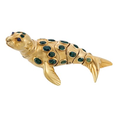 Lot 217 - Gold and Tourmaline Sea Lion Clip-Brooch, France