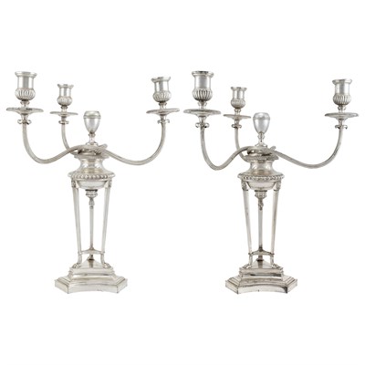 Lot 368 - Two Silver Plated Three-Light Candelabra One...