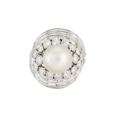Lot 195 - Platinum, Natural Pearl and Diamond Ring, France