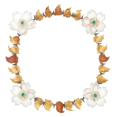 Lot 38 - Two-Color Gold, Silver, Carved Carnelian, Frosted Rock Crystal and Emerald Necklace, Buccellati