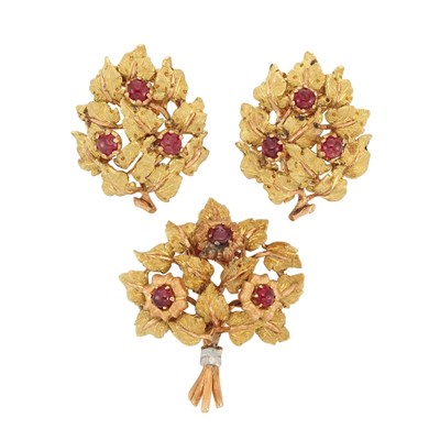 Lot 41 - Pair of Gold and Cabochon Ruby Earclips and Clip, Mario Buccellati